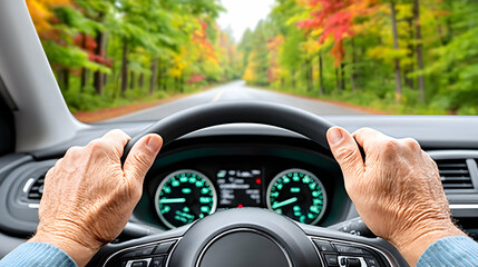 Autumn road trip Hands gripping steering wheel, scenic fall foliage visible through windshield