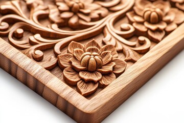 Intricate wooden carving featuring a floral design highlighted by natural grains and textures with a warm finish