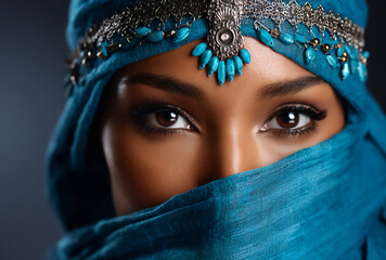 p: a close-up portrait of a woman with a decorative headpiece and ornate fabric partially covering h