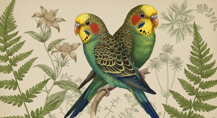 Pair of Budgerigars Perched Botanical Vintage Illustration Detailed Bird Art