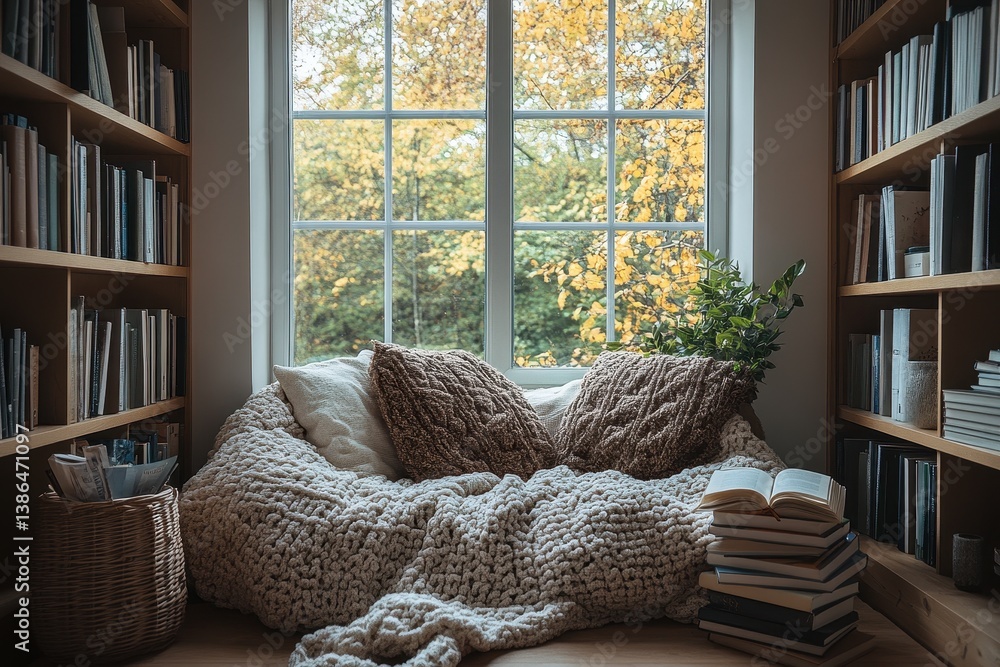 Poster cozy reading nook in a sunny corner with soft cushions and books surrounded by autumn leaves outside
