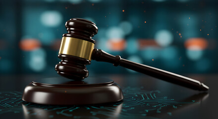 Wooden Gavel on Dark Surface With Abstract Blue and White Background