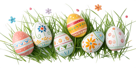 painted Easter eggs with green wheatgrass for placing products in front of a transparent background