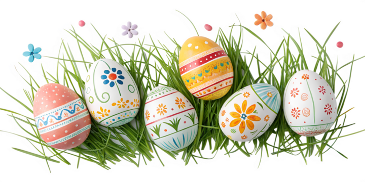 painted Easter eggs with green wheatgrass for placing products in front of a transparent background - Powered by Adobe