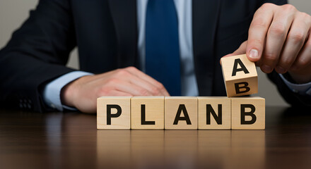 Wooden Blocks Spelling Plan B for Business Strategy on a Table with a Businessman in Dark Suit