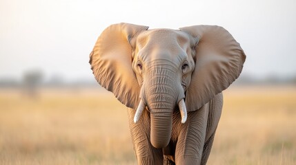 An African elephant standing in a vast savannah, golden grasslands under a soft light, majestic and powerful presence, and wildlife photography.