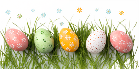 painted Easter eggs with green wheatgrass for placing products in front of a transparent background