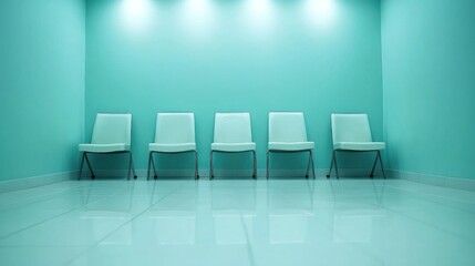 Empty waiting area with light mint green walls and white chairs