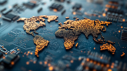 
A circular global map etched on a microchip symbolizes the interconnectedness of global semiconductor trade, representing modern technology, globalization, and digital communication.

