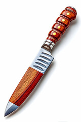 Handcrafted knife with wooden handle and sheath, isolated on white