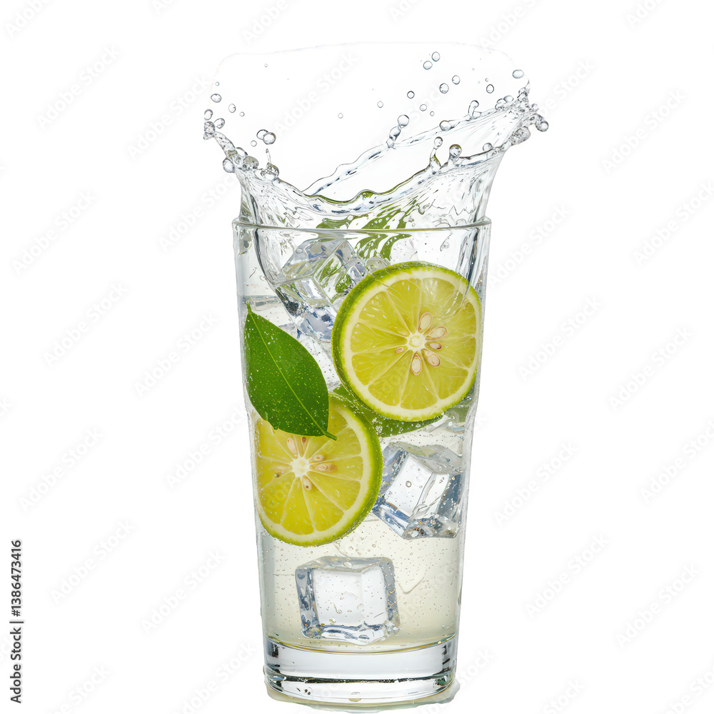 Poster ice-cold limeade with lime slices and splashing liquid.
