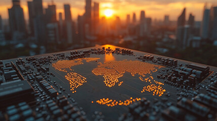 
A circular global map etched on a microchip symbolizes the interconnectedness of global semiconductor trade, representing modern technology, globalization, and digital communication.


