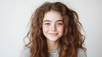 Naklejka premium A young woman with curly hair smiling at the camera, wearing a grey sweater, plain white background, close-up portrait, and natural beauty concept.