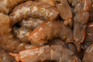 Fresh raw shrimps as background, closeup. Sea food