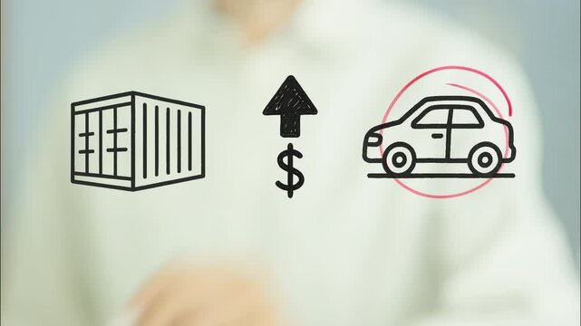 Businessman drawing and circling a car and a shipping container separated by an upwards pointing arrow and dollar sign, representing increasing import tariffs on vehicles