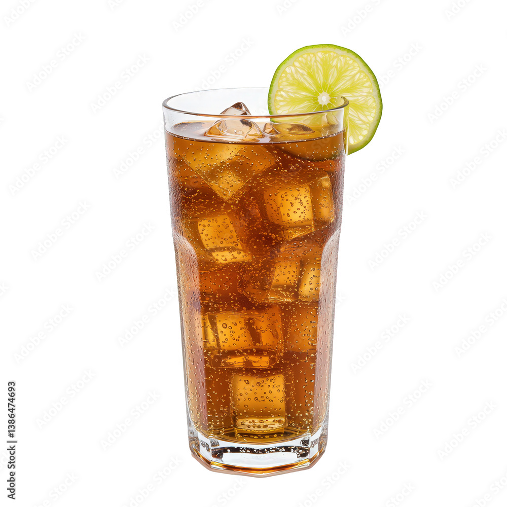 Poster iced sparkling cola with lime garnish.