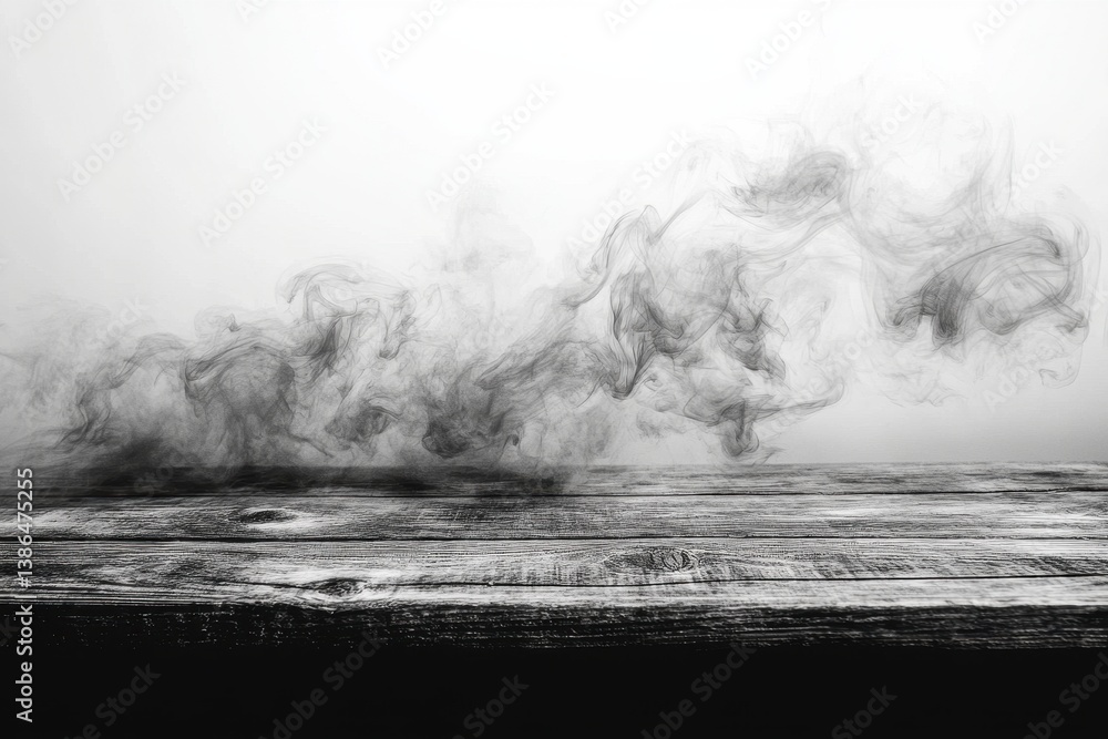 Poster Wooden surface with wisps of smoke emerging in a dimly lit environment creating an atmospheric and moody effect