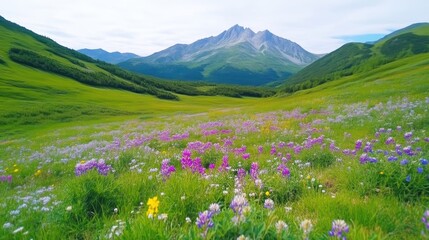 A vibrant meadow filled with wildflowers stretches towards majestic mountains. The scene is composed of rolling hills and a clear sky. The image is high-quality, exhibiting sharp detail and natural