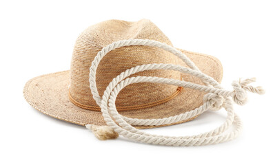 Cotton rope and straw hat isolated on white