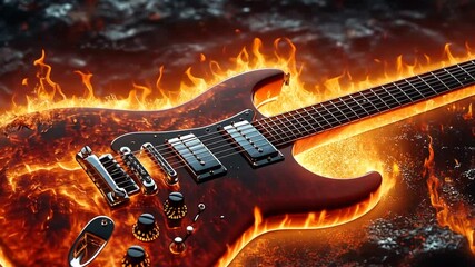 Electric guitar engulfed in flames, fiery background, artistic, stock photo, use for music, concert, advertisement