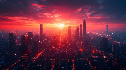 Fototapeta premium Vibrant red sunrise over a sprawling city skyline.