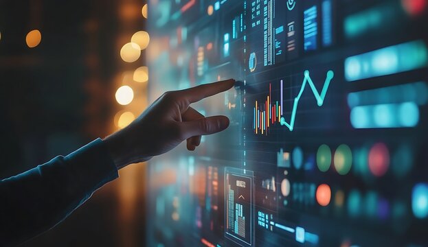 Businessman interacting with a growth graph arrow, displaying a holographic bar chart on a virtual screen, showcasing data analysis and business progress. - Powered by Adobe