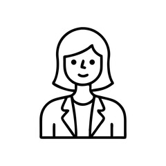 Female data scientist in lab coat, black and white line art, tech and analytics profession icon
