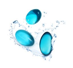 Many pills and splashes of water in air on white background