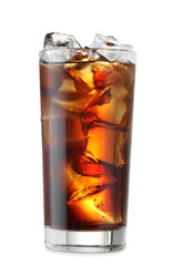 Glass of cola with ice cubes isolated on white