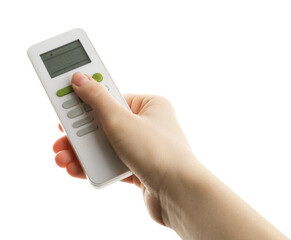 Woman with air conditioner remote control on white background, closeup