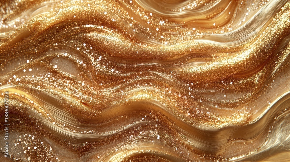 Poster Golden waves of glitter create a mesmerizing texture in abstract art with seamless fluid movements and a stunning play of light