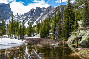 Beautiful early spring view of Dream Lake at Rocky Mountain National Park.