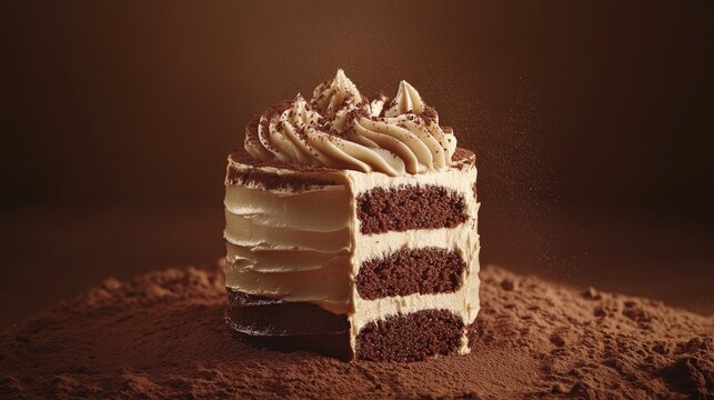 A delicious chocolate cake with rich frosting and a sprinkle of cocoa powder. Featuring indulgence and sweetness