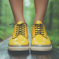 Bright yellow shoes on wooden plank in forest