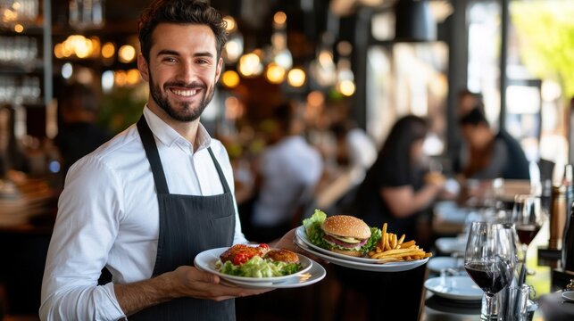 Friendly waiter serving food in a restaurant