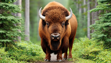 Fototapeta premium Majestic bison stares directly at camera on a forest path