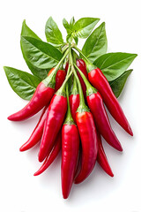 A bunch of vibrant red chili peppers with fresh green leaves, isolated on white
