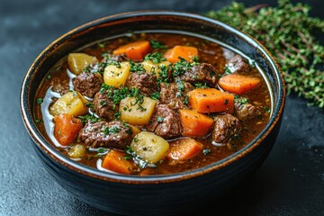 Hearty Beef Stew With Fresh Vegetables And Thyme In A Rustic Bowl On A Dark Surface, Perfect For Comfort Meals In Winter Seasons Focused On Wholesome Eating