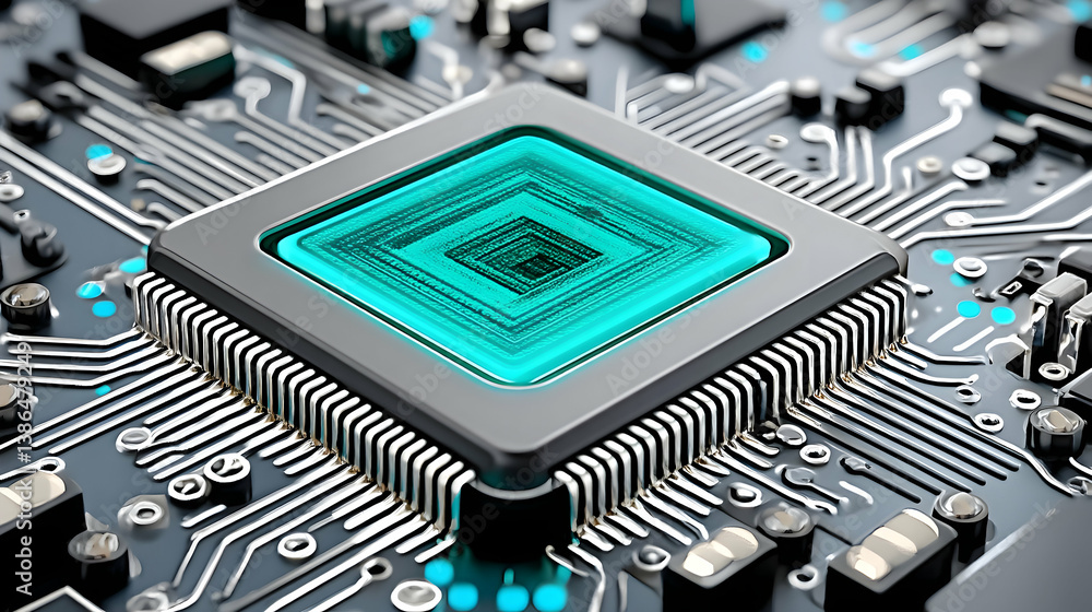 Poster close-up of a central processing unit on a circuit board, showcasing intricate details and technolog