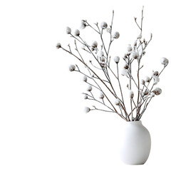 A Minimalist Winter Decor Featuring Frosted Branches and White Flowers Isolated on Transparent...