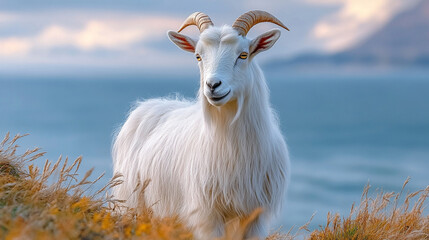 Obraz premium Angora goat with long white fur and curved horns stands facing forward against a clean modern background, symbolizing purity, resilience, natural luxury, and ancient strength in a contemporary world. 