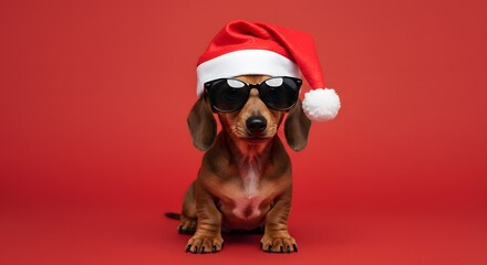 Cute dog wearing Santa hat and sunglasses