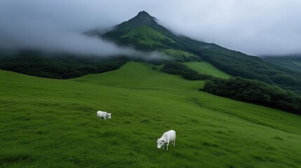 Fototapeta premium Two white cows graze in a lush green meadow at the foot of a misty mountain