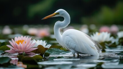 Obraz premium Egret hunting lilies in pond, serene nature scene