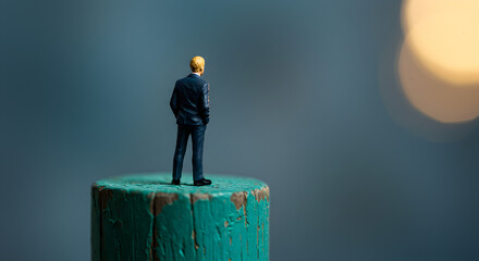 Miniature Businessman in Dark Suit Standing on Turquoise Post with Bokeh Light Effect