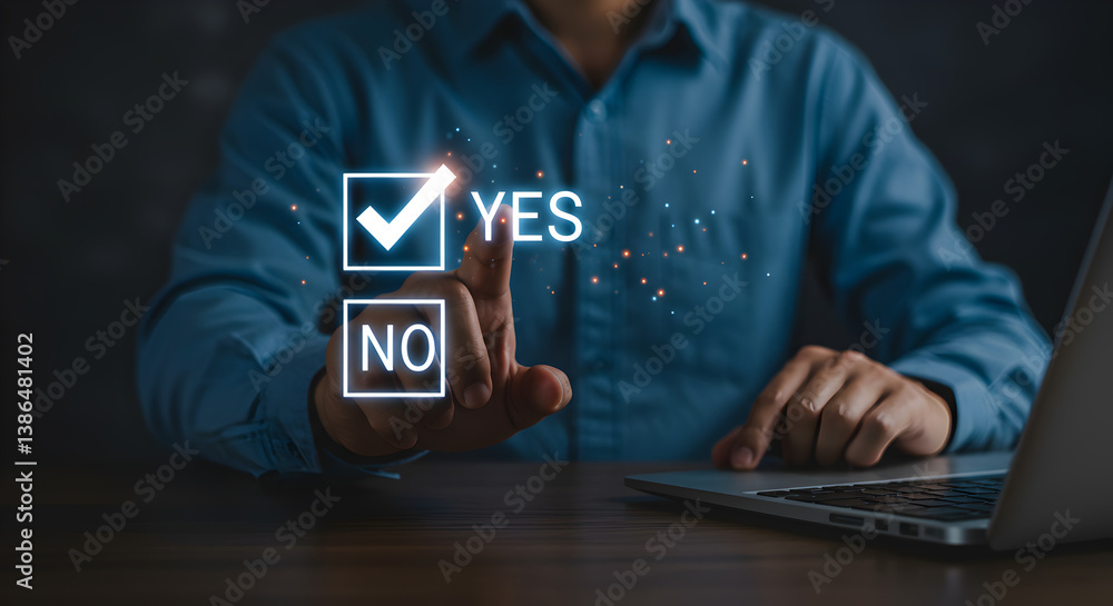 Poster man selecting yes option on digital checkbox on laptop with wood table background in blue shirt