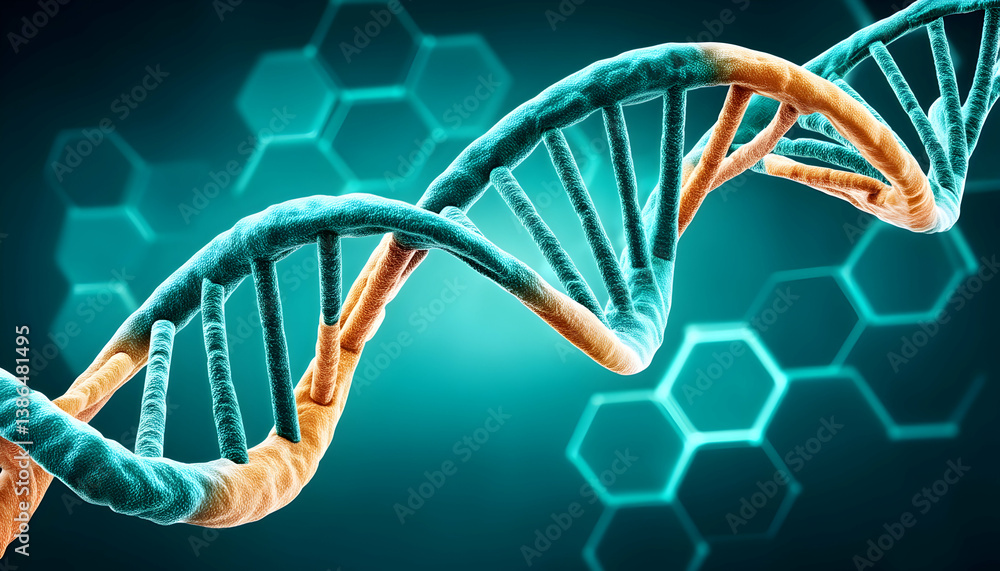 Poster detailed 3d rendering of a dna double helix against a teal hexagonal background