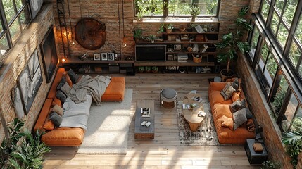 High-angle view of a spacious loft living room with orange sofas, wooden floors, and large windows.