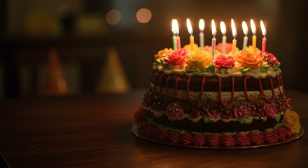 Decorated birthday cake with candles