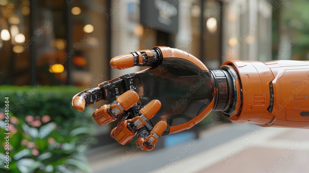 Poster close-up of a futuristic orange robotic hand in a city setting: exploring the intersection of techno